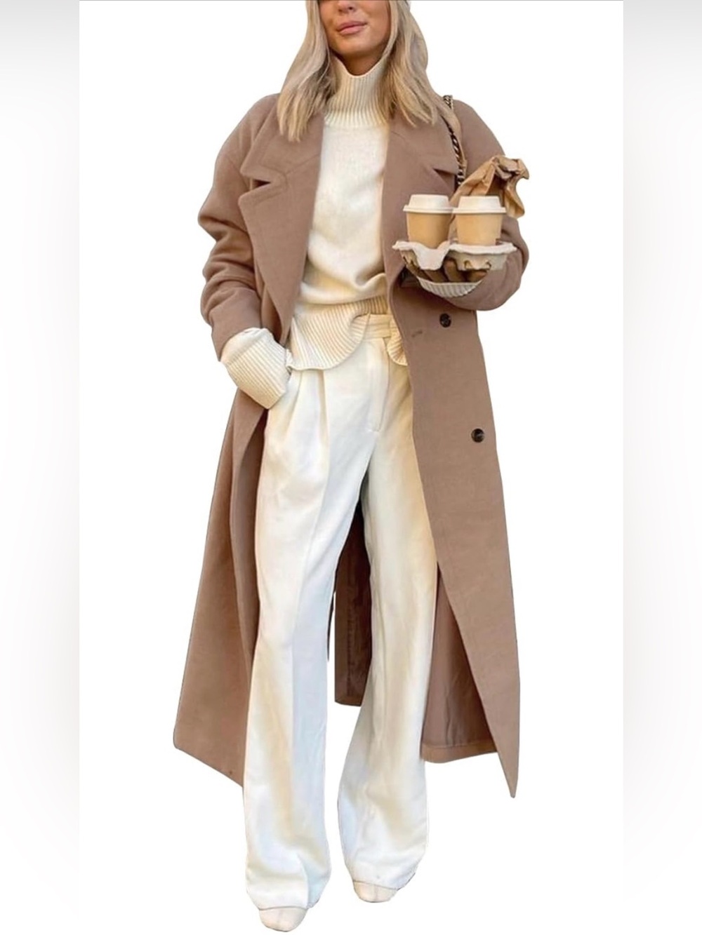 Khaki Long Wool Blend Coat Women Oversized Double Breasted Big Lapel Trench Coat